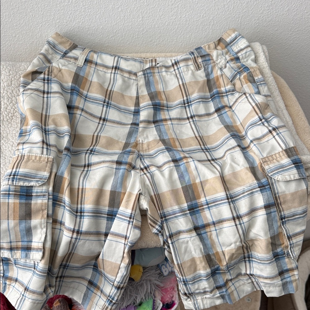 Men's Plaid Cargo Shorts - Tan and Blue